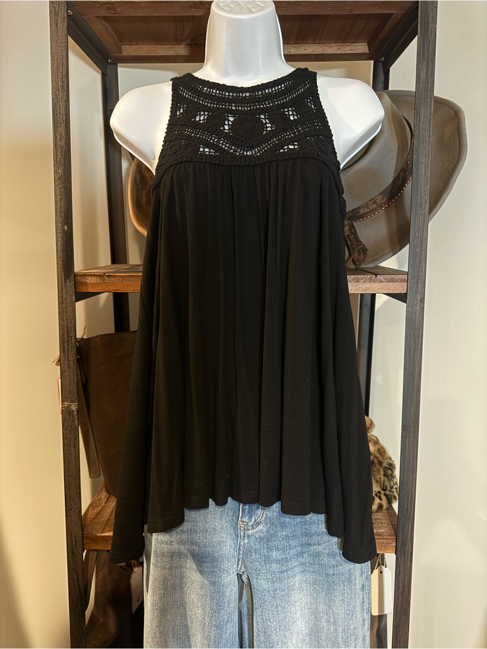 POL Black Crochet Yoke Sleeveless Camisole